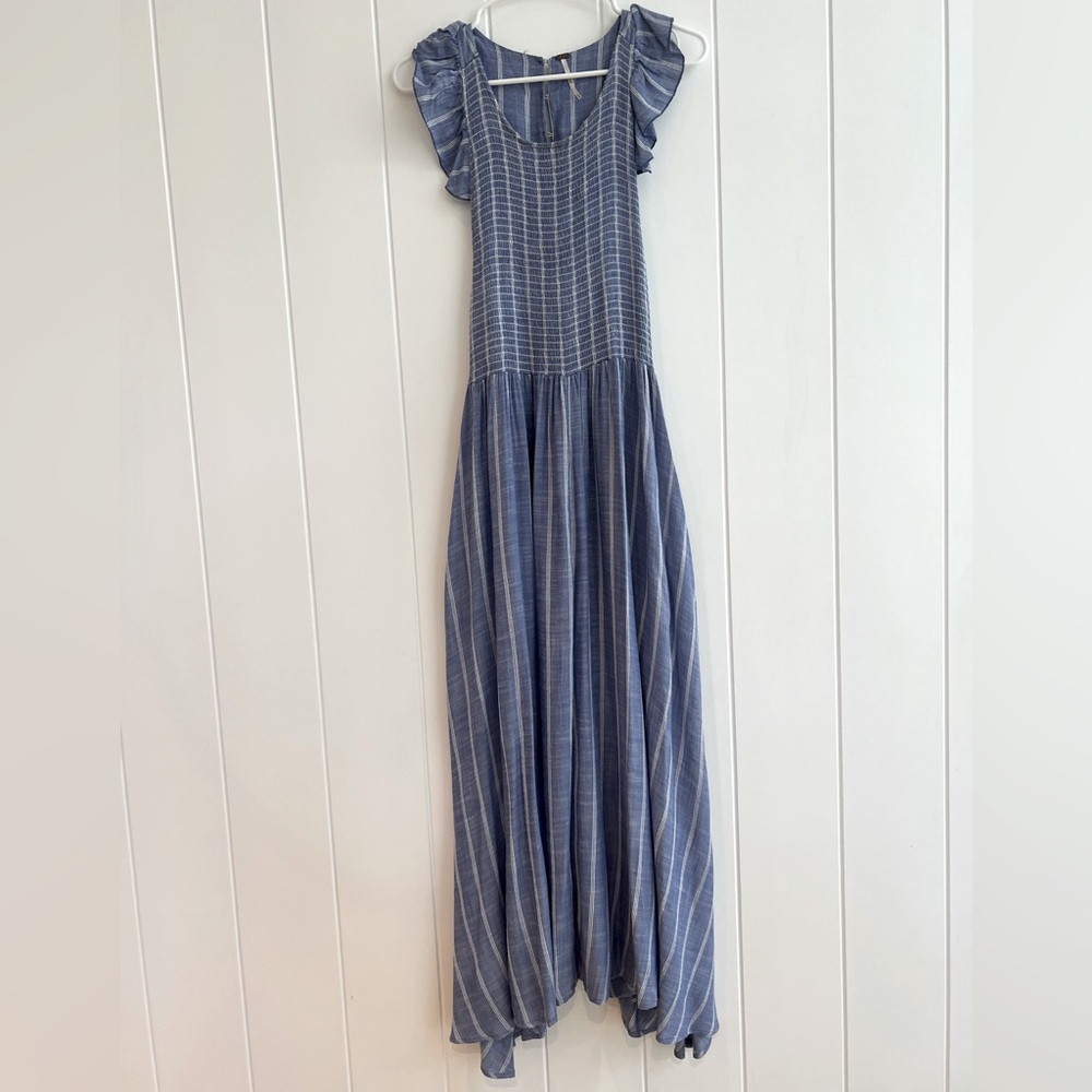 Free People Butterflies Chabray Blue & White Striped Sleeveless Maxi Dress